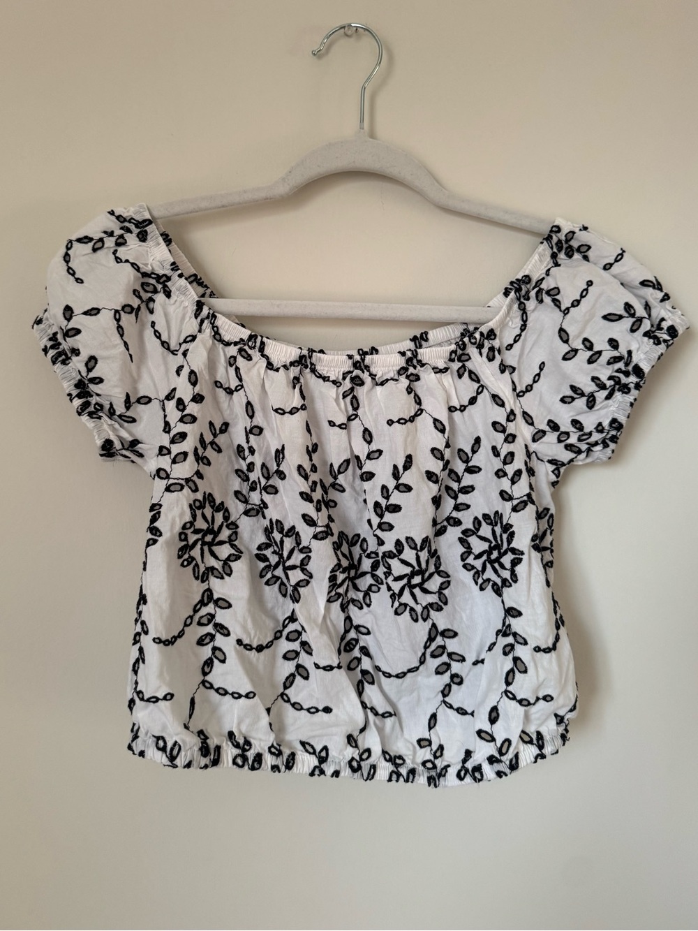 American Eagle Outfitters White Crop Top with Black Floral Embroidery
